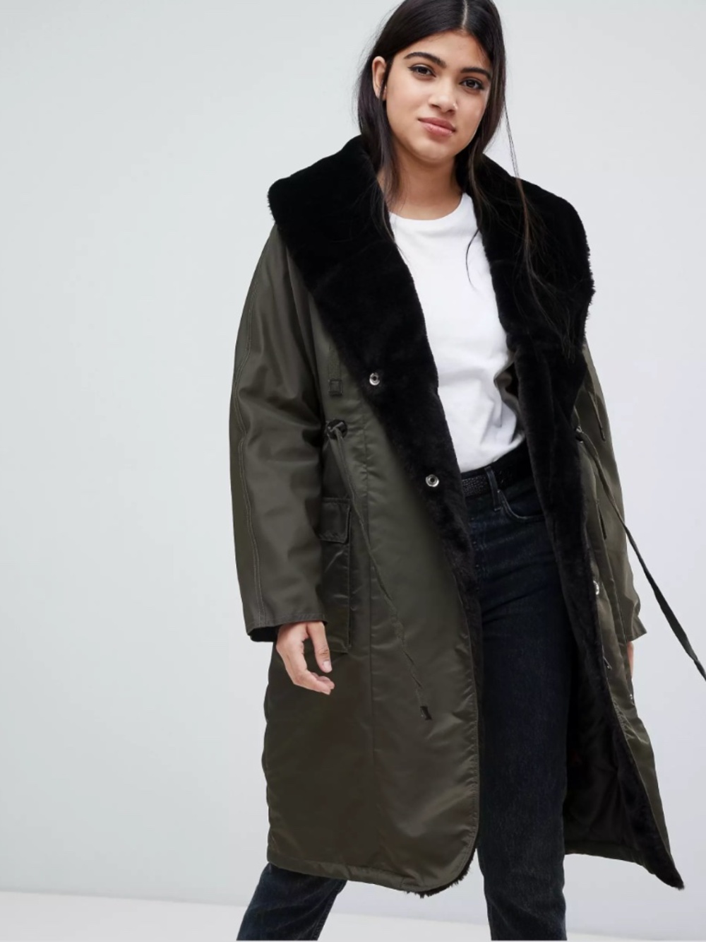 YAS Faux Fur Hooded Parka Jacket Army Olive Green